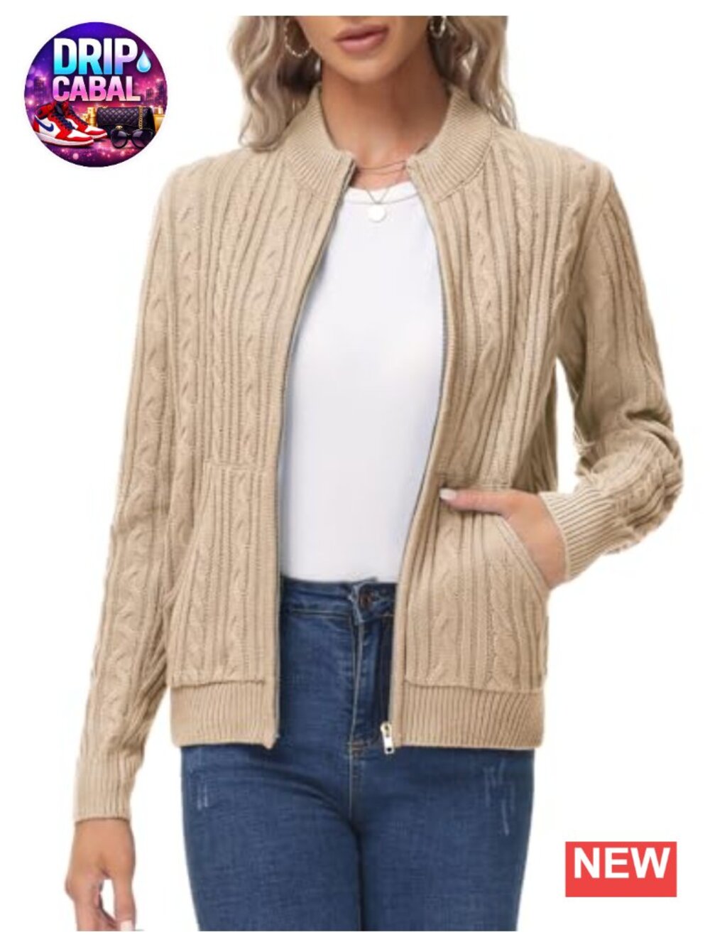 Women's Cable Knit Cardigan Sweater with Pockets Zip-Up Teacher Cardigan